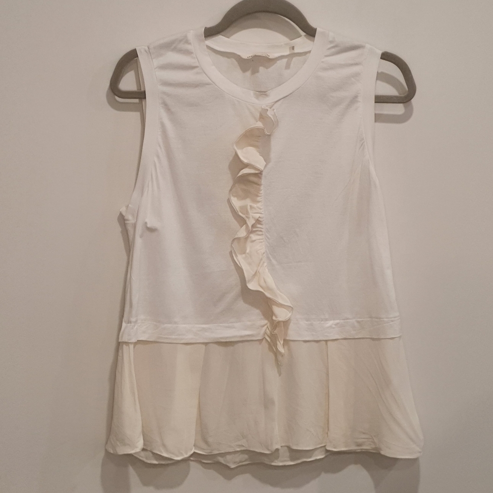 Rebecca Taylor White Ruffled Sleeveless Top With Silk Details, Size Large